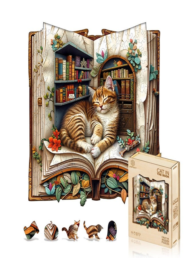 Jigfoxy Wooden Puzzles for Adults, The Cat in The Book Wood Puzzle for Adults, Unique Animal-Shaped Wooden Jigsaw Puzzle, Christmas Thanksgiving Gifts for Family and Friends (S-7.7 * 7.6in-100pcs) - Image 1
